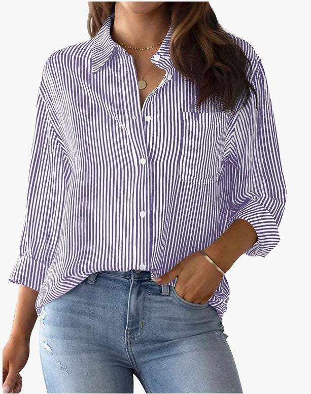 AISEW Womens Button Down Shirts Striped Classic Long Sleeve Collared Office Work Blouses Tops with Pocket