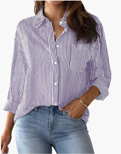 Womens Button Down Shirts Striped Classic Long Sleeve Collared Office Work Blouses Tops with Pocket