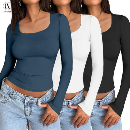 AUTOMET Women's 3 Pack Long Sleeve Crop Tops Slim Fit Y2K Fashion Basic Layering Shirts