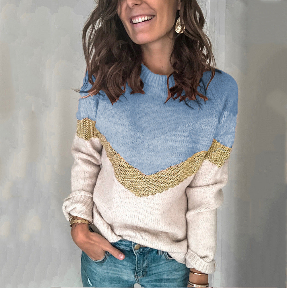 Color Contrast Patchwork Sweater Autumn  Winter New   Pullover round Neck Raglan Sleeves Sweater for Women