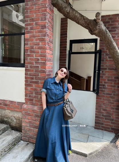 Women's Denim Short Sleeve Lapel Collar Gold Button Belted A-Line Maxi Dress Dual Chest Pockets with Free Braided Belt Dark Blue Light Blue S M Cotton Candy 288563