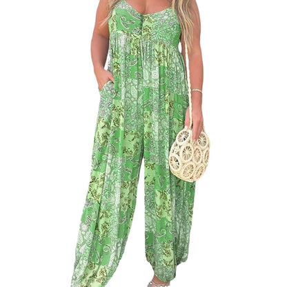 Women's High Waist Trendy Loose Printing Shoulder Girdle Jumpsuit