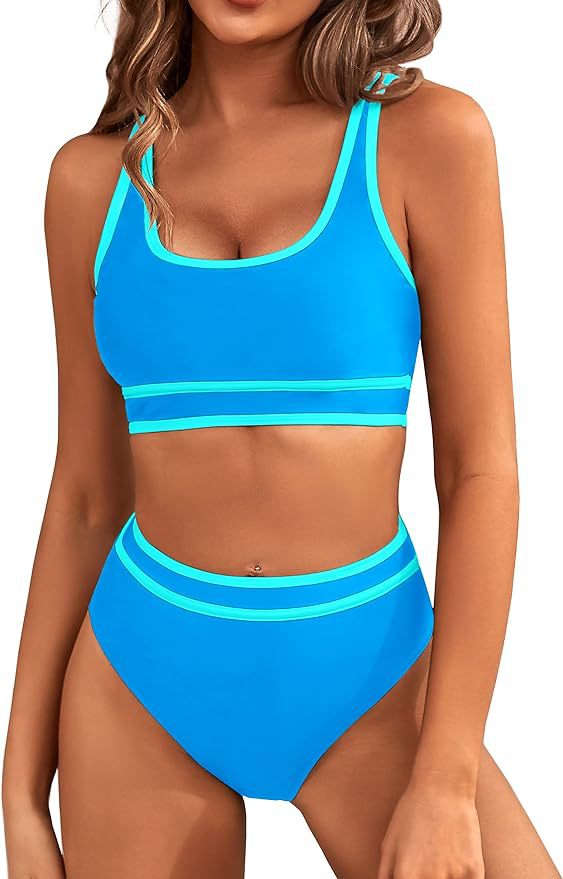 Women's High Waisted Bikini Sets Sporty Two Piece Swimsuits Color Block Cheeky High Cut Bathing Suits - Seldom Seen Styles