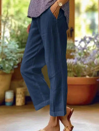 Leinenhose Damen Sommer Elastische Taille Gerades Bein Übergröße Crop Pants Lässige Strandhose mit Taschen