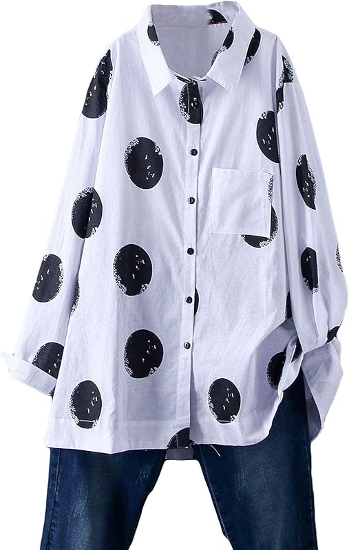 Minibee Women&#39;s Button Down Tunic Tops Polka Blouse Cotton Shirt