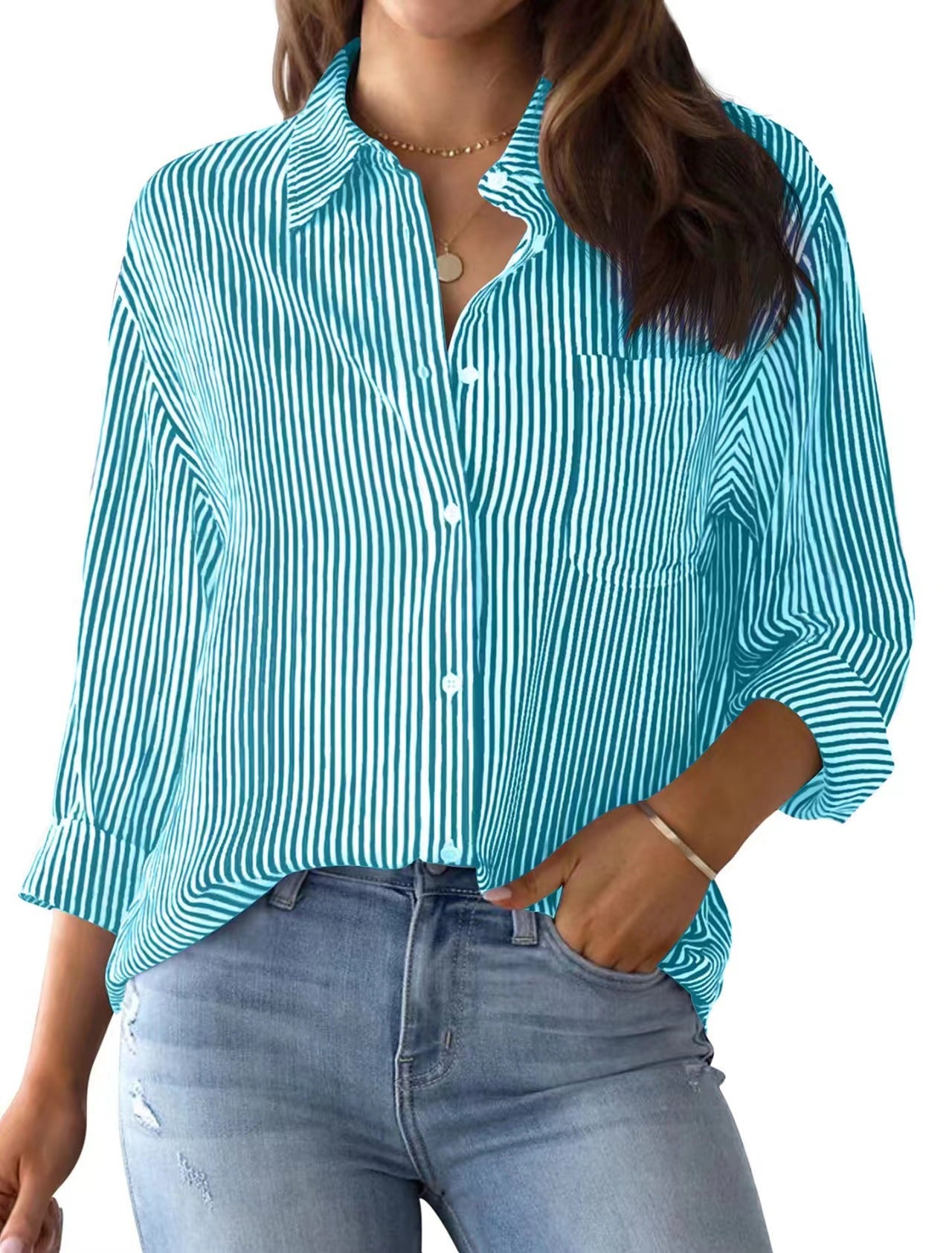 AISEW Damen Button-Down-Hemd, gestreift, klassisch, Langarm, Kragen, Büro, Arbeit, Bluse, Tops mit Tasche