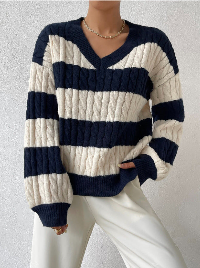 Autumn and Winter Lazy Style New Knitwear Loose Fashion Cross-Border Foreign Trade Women's ClothingVCollar Retro Contrast Color Striped Sweater