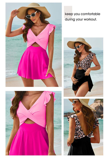 Women's One Piece Swimsuit Ruffle Cutout Swimdress Tummy Control V Neck Wrap Swimwear - Seldom Seen Styles