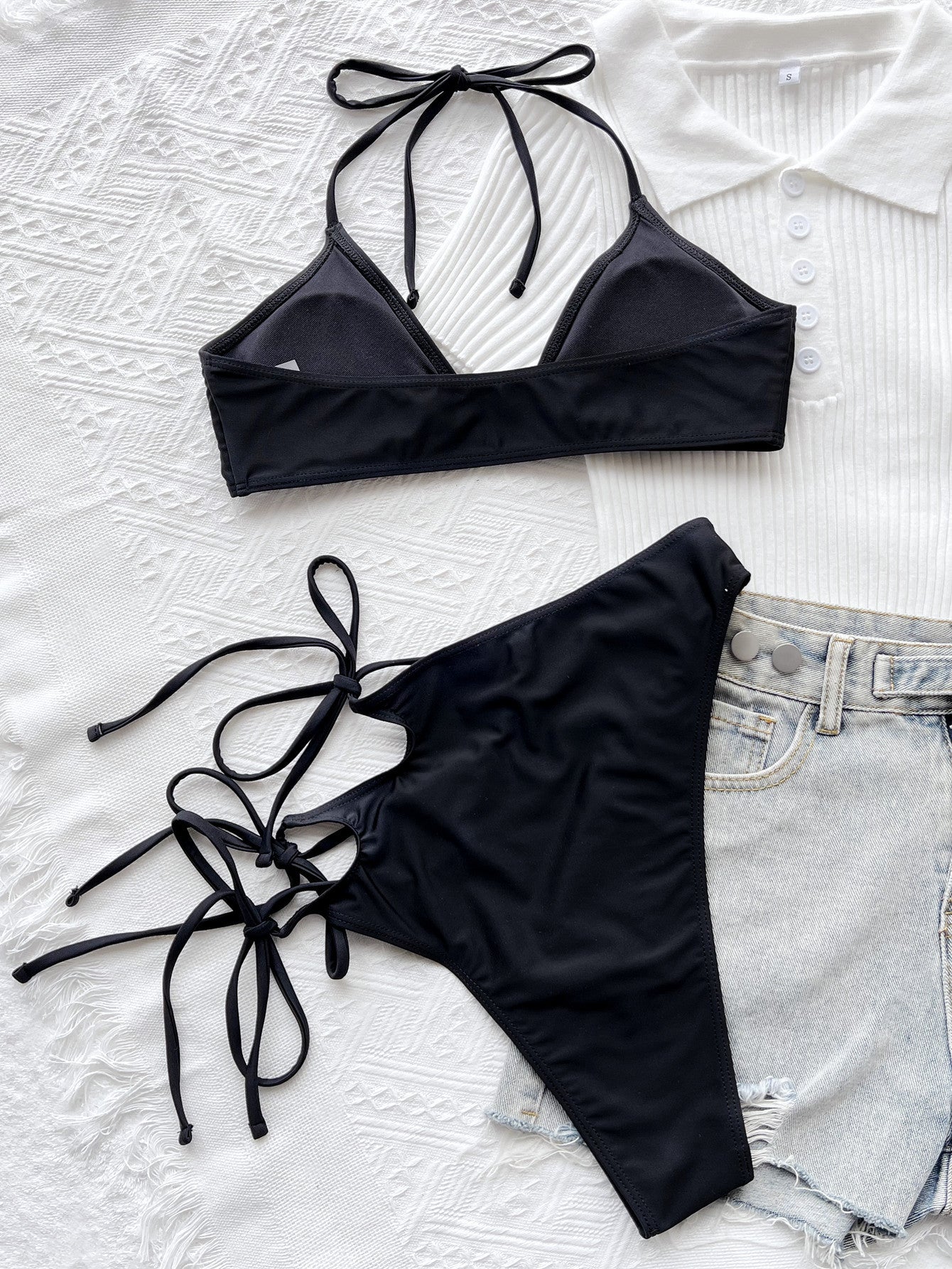 Black String Bikini Solid Color Women's Two-Piece Triangle Top Swimwear Asymmetrical design Swimming trunks - Seldom Seen Styles