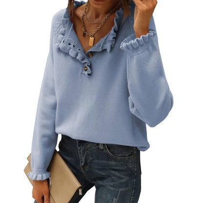 Women's Knit Pullover Sweater Tops - Casual Long Sleeve Button Down Crew Neck Ruffle Solid Color Striped - Knitwear, Womenswear