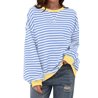 Womens Striped Oversized Sweatshirt Color Block Crew Neck Long Sleeve Casual Loose Pullover Top Y2K Clothes