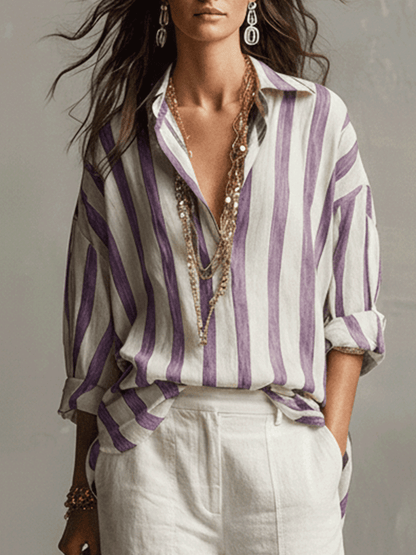 Casual Striped Cotton And Linen Long-Sleeved Shirt