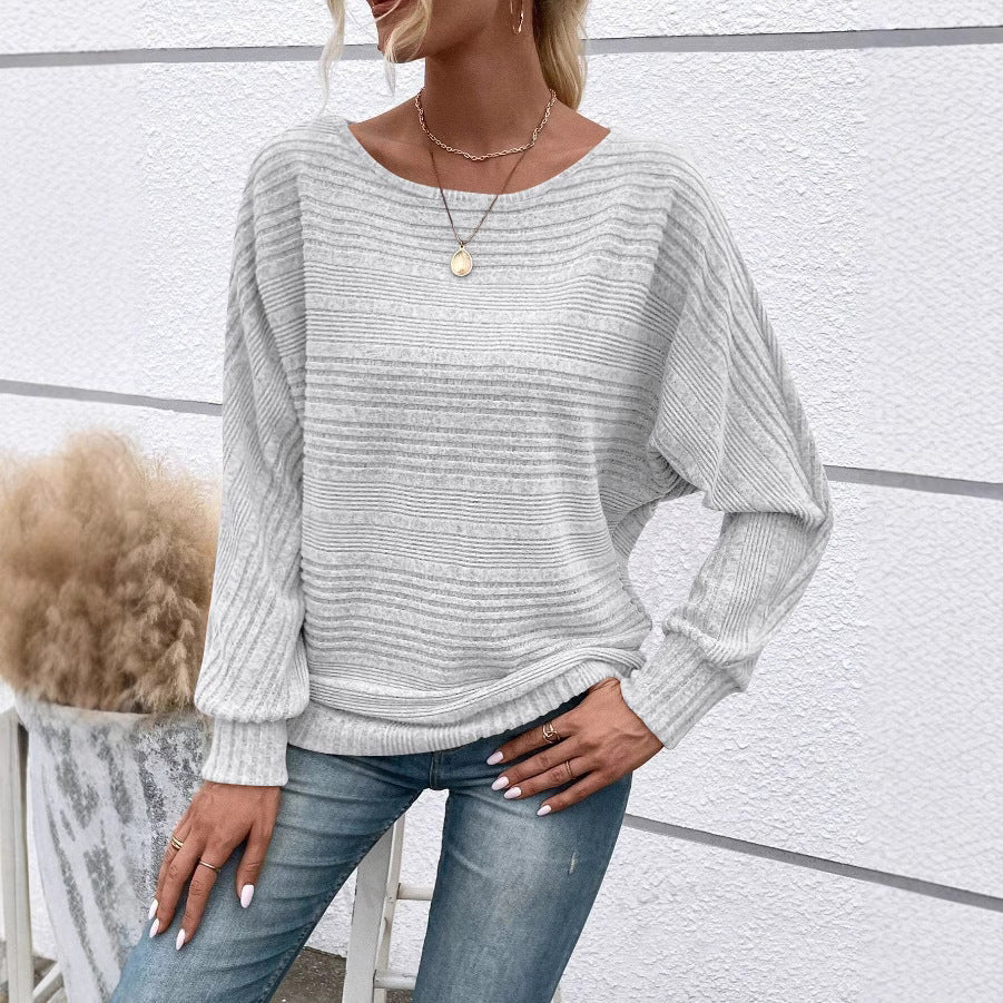 Women's Plain Round Neck Batwing Sleeve Tee, Casual Long Sleeve Crew Neck T-shirt for Fall & Winter, Fashion Aesthetic Ladies' Knit Clothing for Daily Wear - Seldom Seen Styles
