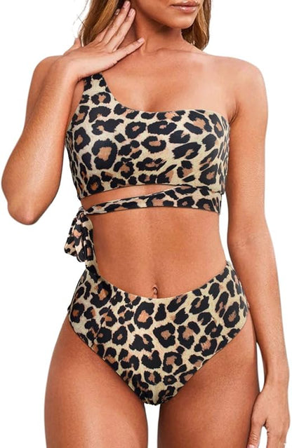 Women One Shoulder High Waisted Bikini Tie High Cut Two Piece Swimsuits - Seldom Seen Styles