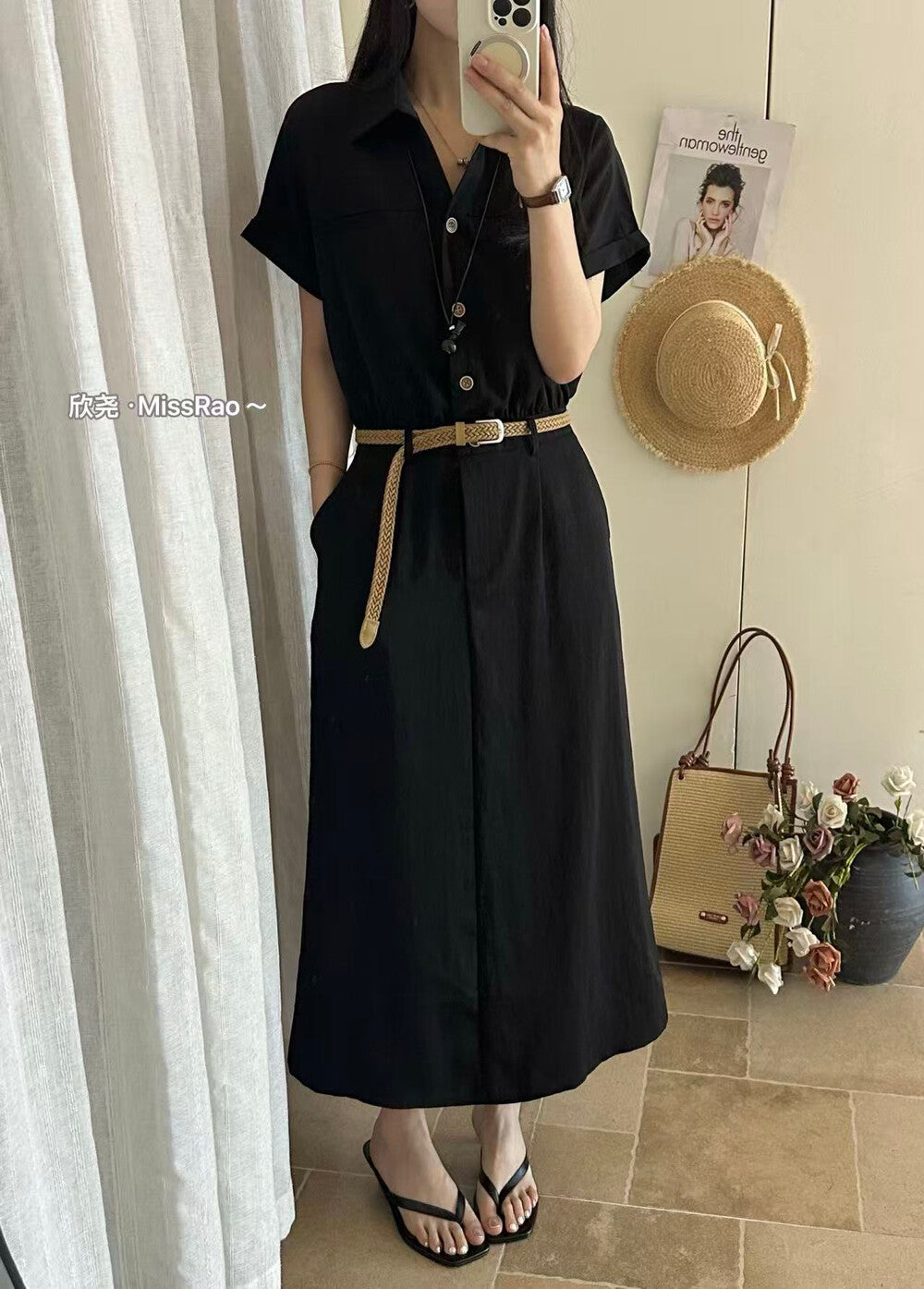French Style Collared Short Sleeve Shirt Dress A-Line Midi Dress with Woven Belt Included White Black Khaki - Seldom Seen Styles
