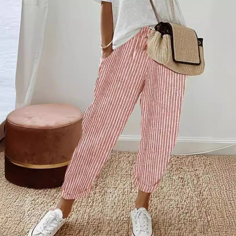 Women's Casual Vertical Striped High Elastic Waist Wide Leg Capri Palazzo Pants with Pockets - Seldom Seen Styles