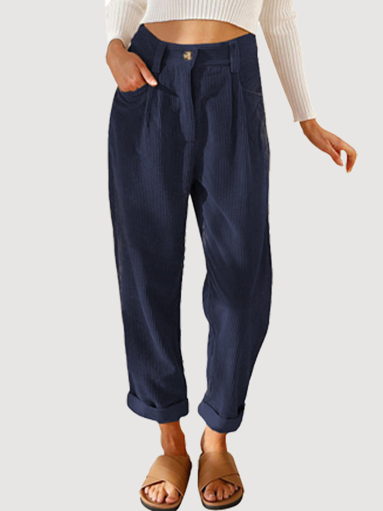 Womens Elastic Waist Straight Leg Corduroy Pants with Pockets, S-2XL - Seldom Seen Styles
