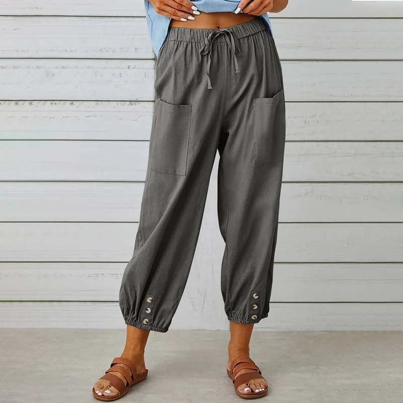 Women's Capri Pants High Waist Drawstring Cinch Bottom with Button Cotton Loose Casual Trouser with Pockets - Seldom Seen Styles