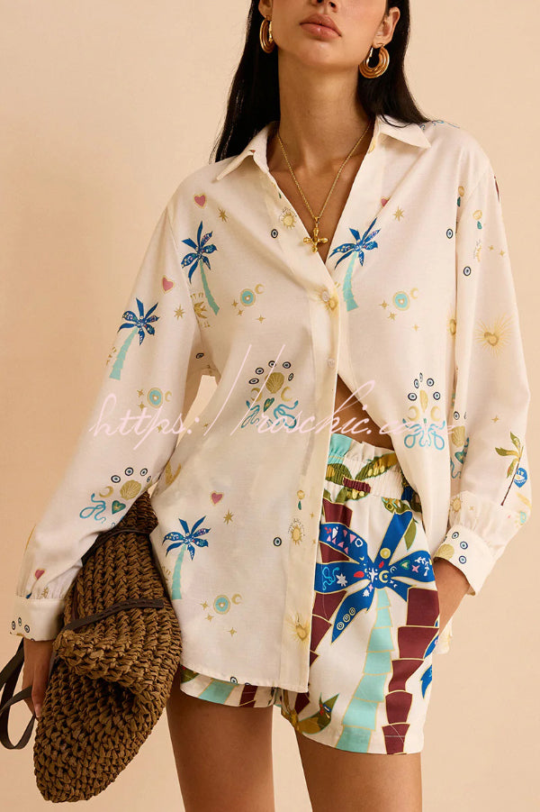 Linen Blend Summer Printed Collared Long-sleeved Shirt and Elastic Waist Pocket Casual Shorts Set - Seldom Seen Styles