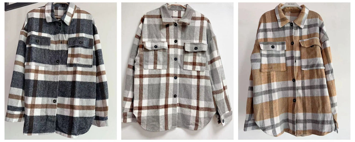 Beaully Damen Flanell Plaid Shacket Langarm Button-Down-Hemden Jacke Mäntel mit Seitentaschen 