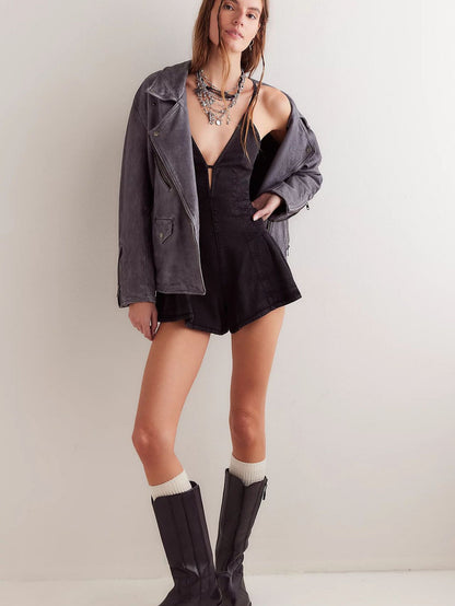 Dazed Denim Romper Shorts Women's Loose Denim Jumpsuit