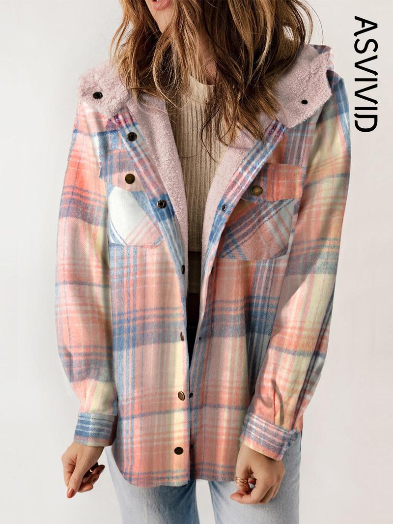 Women's Plaid / Houndstooth Print Button Front Hooded Coat, Casual Long Sleeve Pocket Coat for Fall & Winter, Ladies Outerwear for Daily Wear - Seldom Seen Styles