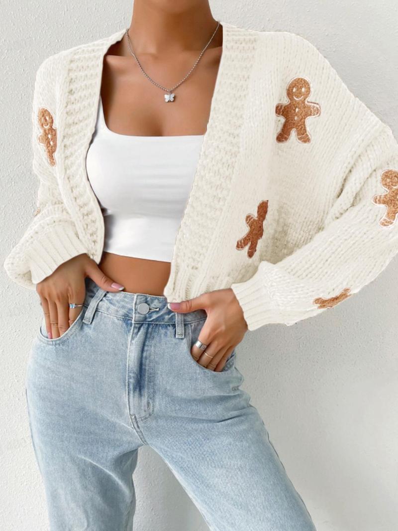 Women's Cartoon Print Drop Shoulder Cardigan, Casual Long Sleeve Open Front Knitwear for Fall, Valentine's Day Gift for Girl, Women's Knit Clothing for Daily Wear