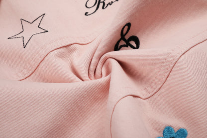 Women's Cute Embroidery Plaid Tie Wide Leg Denim Shorts High Waist Cherry Cat Bow Casual Sweet Streetwear Jean Shorts