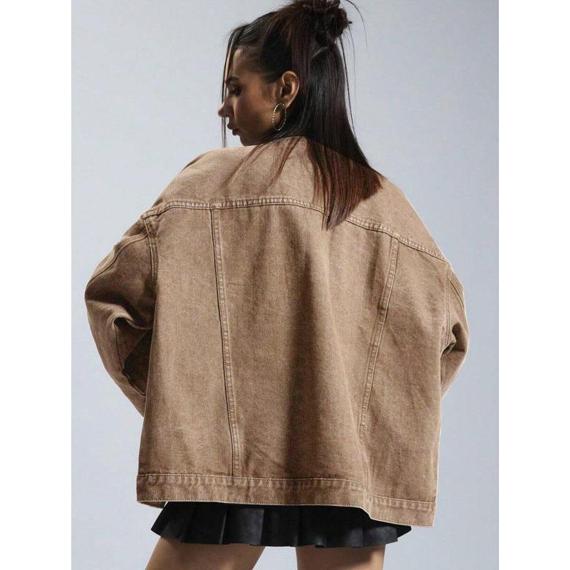 Women's Plain Button Front Drop Shoulder Denim Coat, Casual Long Sleeve Collared Pocket Outerwear for Daily Wear, Ladies Clothes for All Seasons, Clothing for Women - Seldom Seen Styles