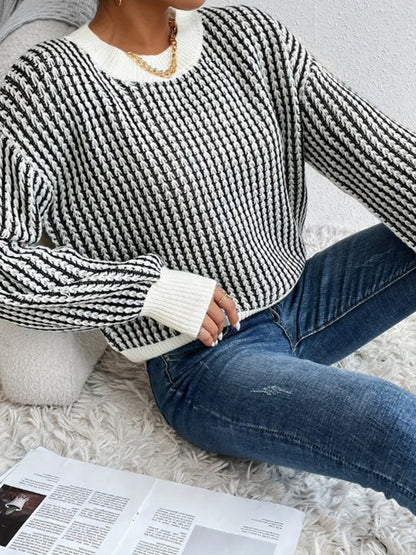 spring  autumn thread pullover round neck sweater  women's  Vertical stripe  casual knitted shirt