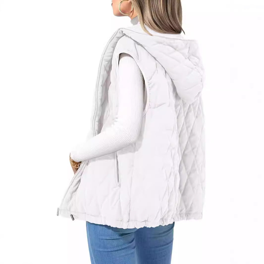 Women's Quilted Vest Casual Sleeveless Hooded Zip Up Diamond pattern Jacket With Pockets Winter Coat Outerwear Minimalist Top - Seldom Seen Styles