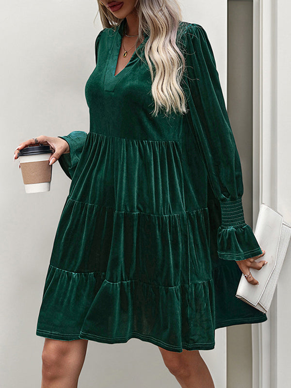 A-Line Long Sleeves Pleated Solid Color Velvet V-Neck Mini Dresses - Seldom Seen Styles