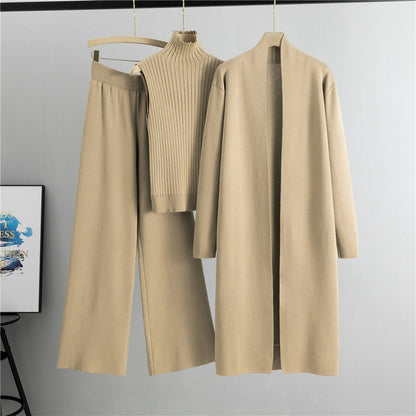 Three-piece Set Women's Solid Turtle Neck Tank Top & Wide Leg Pants & Open Front Long Cardigan Clothing Sets , Casual Comfortable Cozy Three-piece Fashion Outfits for Daily Outdoor Wear, Women Casual Wear for Fall & Winter, Daily Wear - Seldom Seen Styles