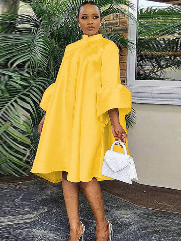 Urban Buttoned Solid Color Stand Collar Flared Sleeve Loose Midi Dress - Seldom Seen Styles