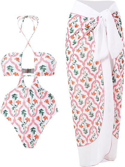 Women's 2 Pieces Sarong Swimsuit Set Sleeveless Floral Print Swimwear with Cover Up Bathing Suits Beachwear - Seldom Seen Styles