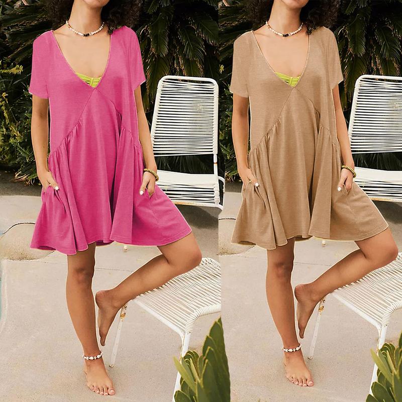 Womens Summer Mini Dress Casual Short Sleeve Loose V Neck Flowy Sundress Vacation Tshirt Sun Dress