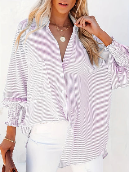 2024Europe and America Cross Border Blouse Beach Vacation Sun Protection Mid-Length Striped Shirt Women's Shirt Long Sleeve