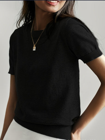 Women's Solid Color Crew Neck Short Sleeve Sweater, Chic Casual Basic Knit Pullover for Spring & Fall, Fashion Women's Knitwear for Daily Wear, Womenswear