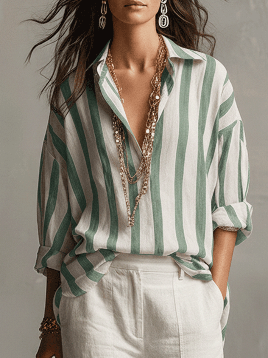 Casual Striped Cotton And Linen Long-Sleeved Shirt - Seldom Seen Styles