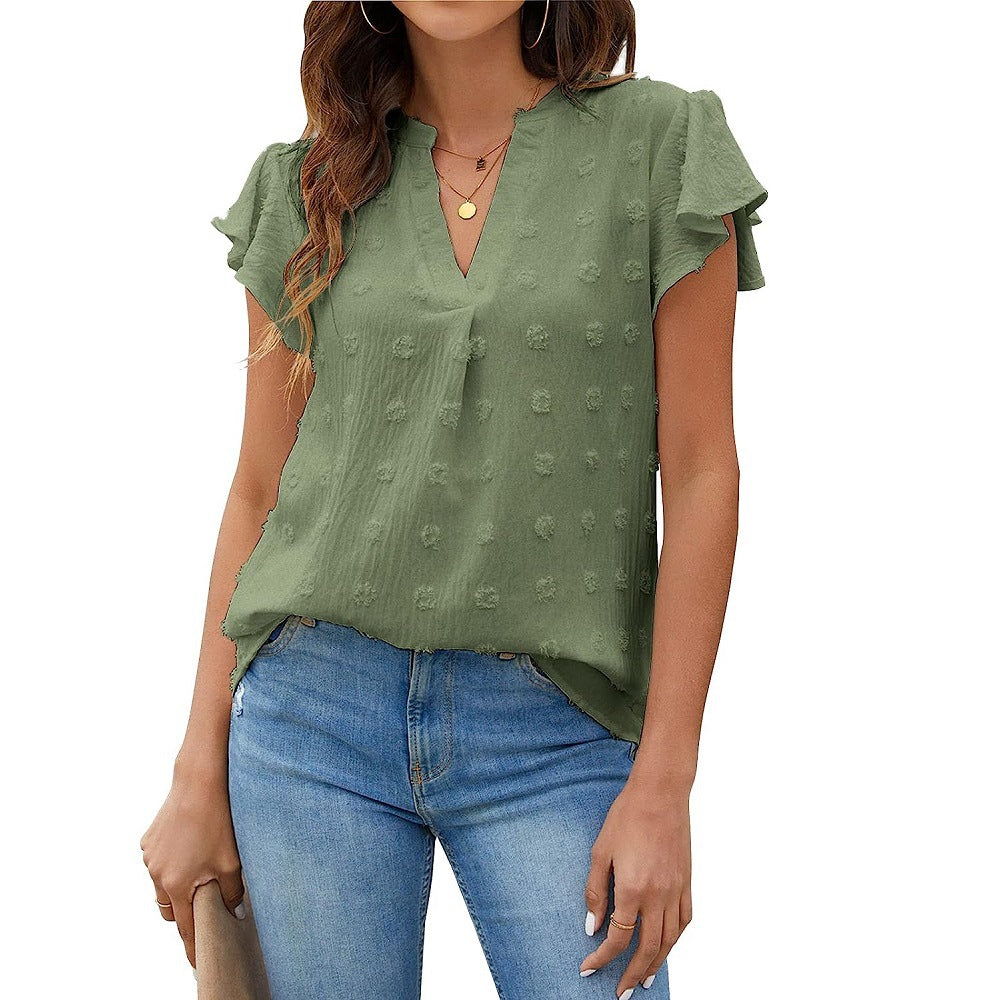 Blooming Jelly Dam Vit Blus V-ringad Volangärm Flowy Skjortor Dressy Casual Söta sommartoppar