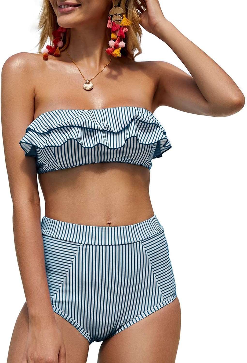 Women High Waisted 2 Piece Bikini Set Bandeau Ruffle Swimsuit Top Striped Bathing Suits - Seldom Seen Styles