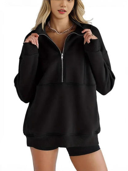 Damen-Sweatshirts mit halbem Reißverschluss, Fleece, Stehkragen, lange Ärmel, Daumenloch, übergroße Pullover mit Taschen