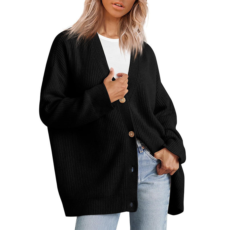 Online European and American Style Simple All-Match Knitted2023Cross-Border Women's Clothing Amazon ButtonsVCollar Solid Color Sweater for Women