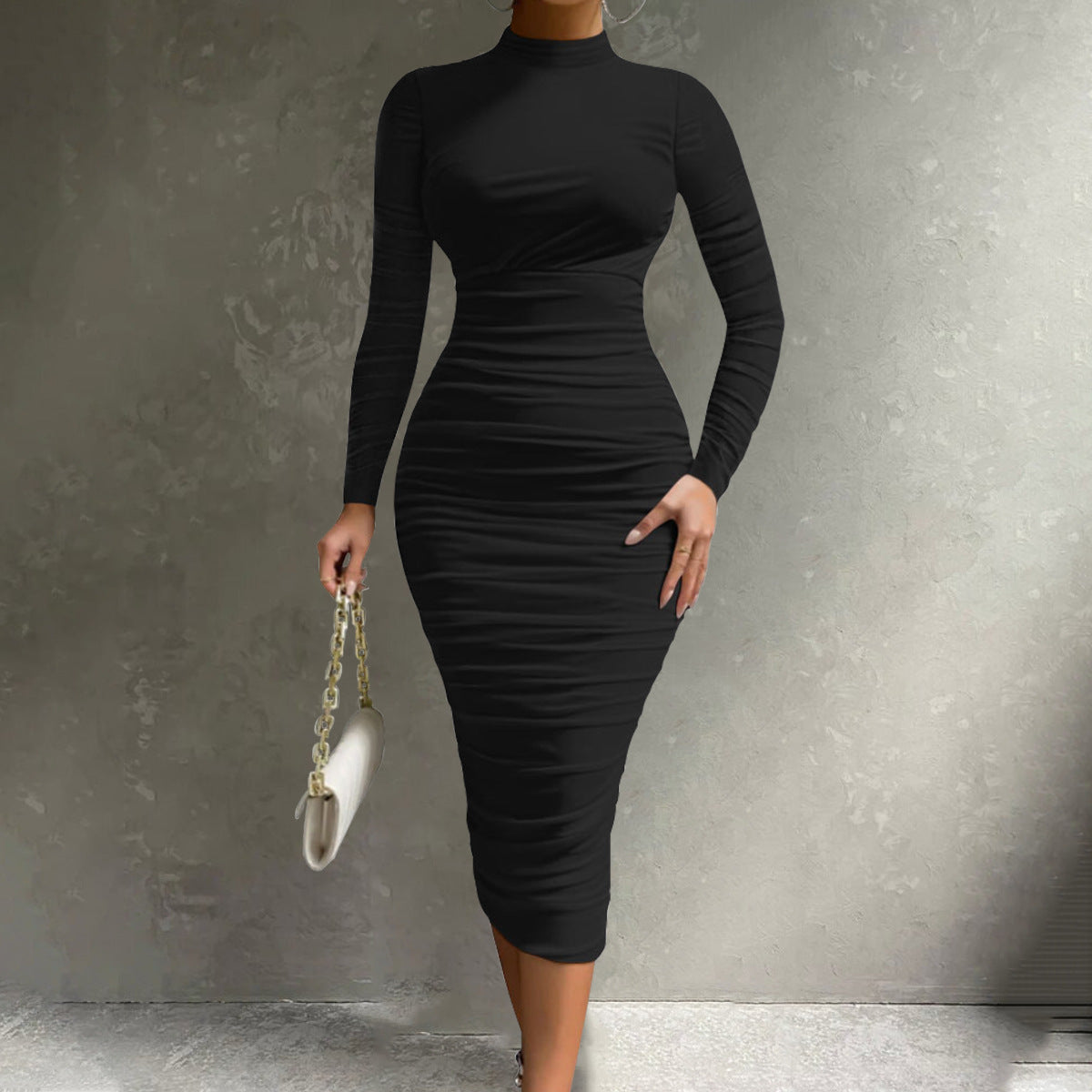 Women's Cocktail Bodycon Long Sleeve Mock Neck Mesh Ruched Midi Party Dress Formal Womenswear - Seldom Seen Styles