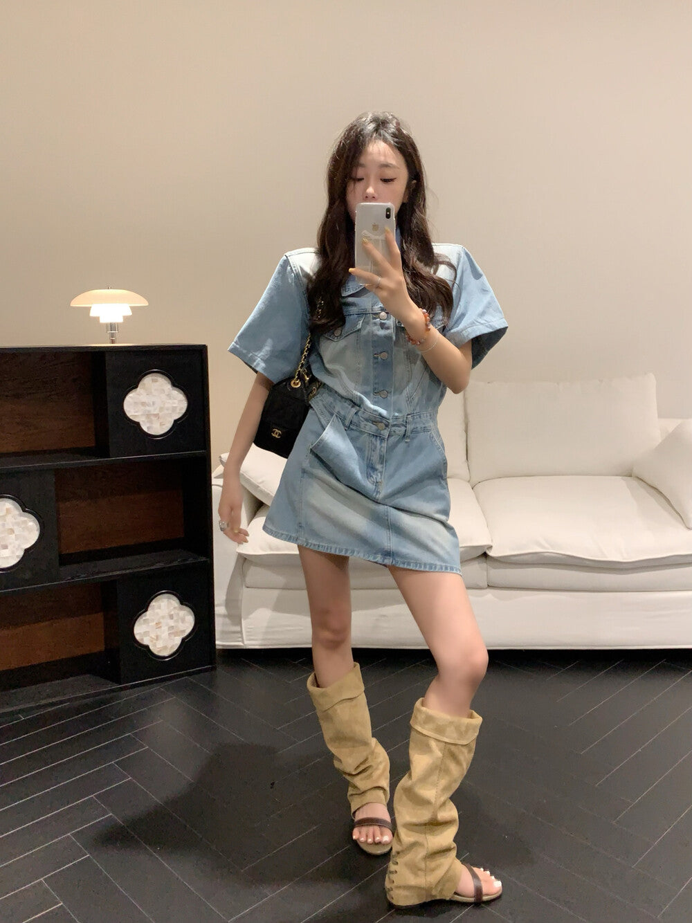 Women's Light Blue Washed Denim Short Sleeve Lapel Collar Silver Button Mini Dress Waist Cinching Dual Chest Pockets Side Pockets S M - Seldom Seen Styles