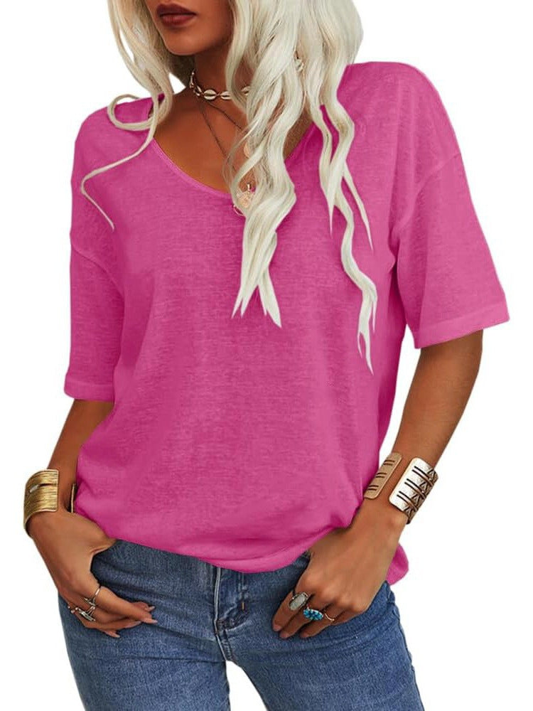 Womens Shirt, Normality Women's Solid Color V-Neck T-Shirt, Summer Short Sleeve Loose Casual Tops - Seldom Seen Styles