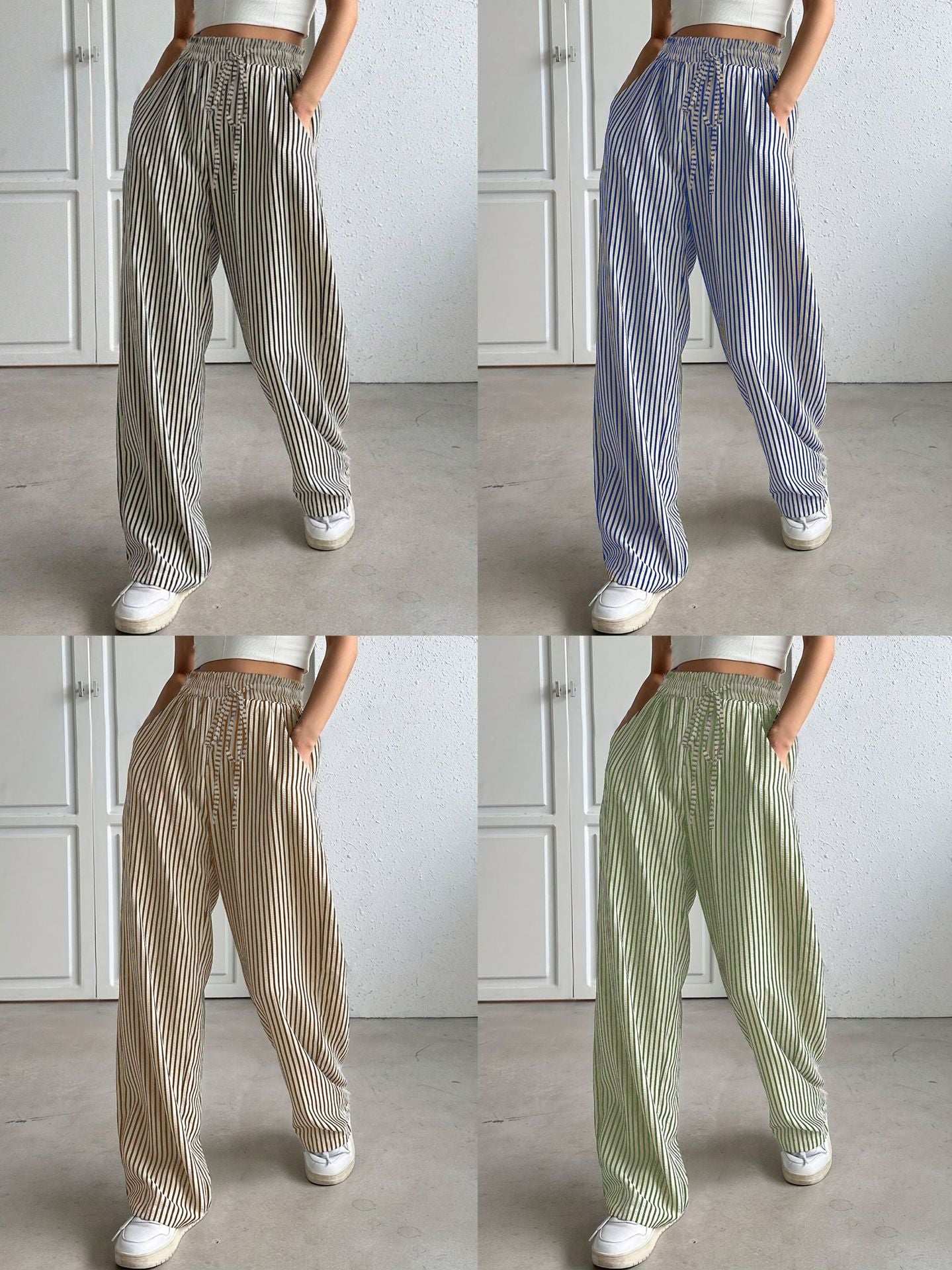 Women's Casual Striped Wide Leg Pants Drawstring Elastic Waist Dress Palazzo Pants with Pockets - Seldom Seen Styles