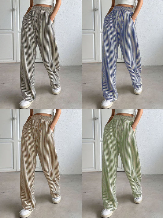 Women's Casual Striped Wide Leg Pants Drawstring Elastic Waist Dress Palazzo Pants with Pockets - Seldom Seen Styles