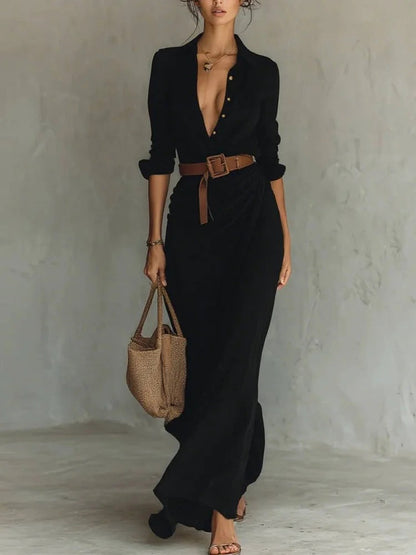 Oakleigh Elegant V-Neck Belted Maxi Dress - Formal & Everyday Wear