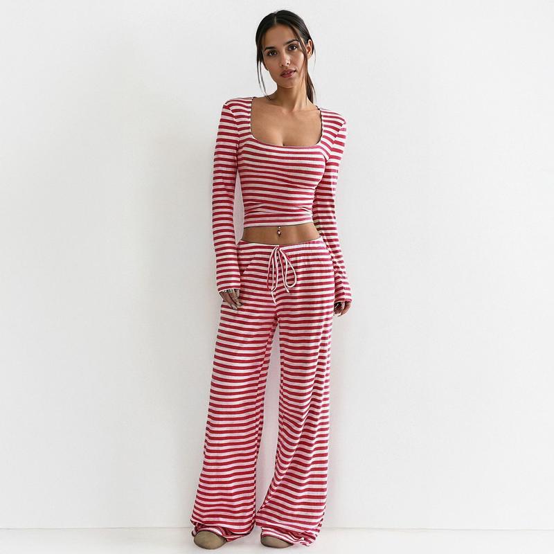 Women's Slouchy Square Neck Stripe Long Sleeve Crop Top & Low-Rise Wide Leg Trousers Co-ord, Minimalist Two Piece Outfits, Cozy Womenswear - Seldom Seen Styles